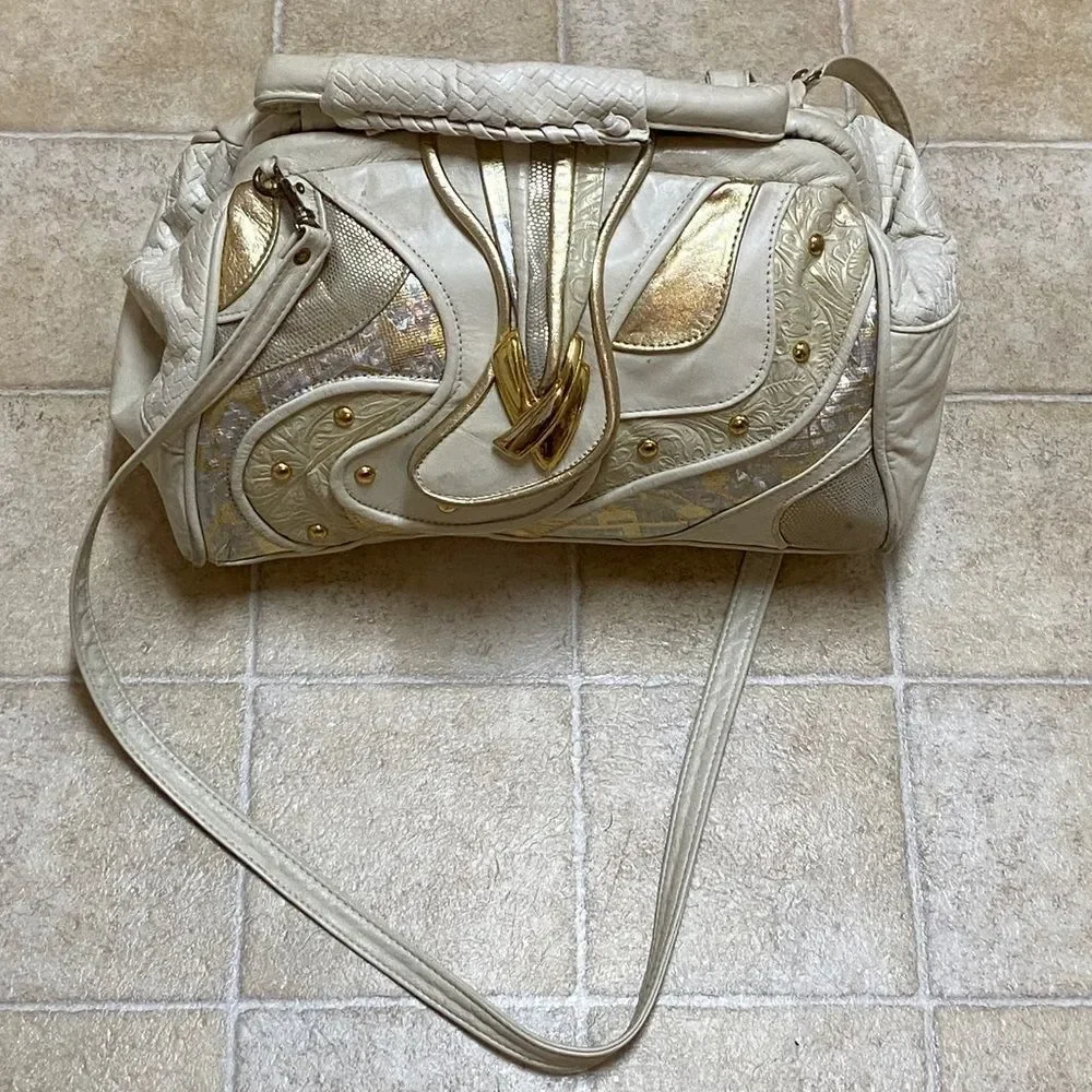 VTG,BAGS BY PINKY GENUINE LEADER MADE IN USA Elegant Cream and Gold Women's Bag - Picture 1 of 16